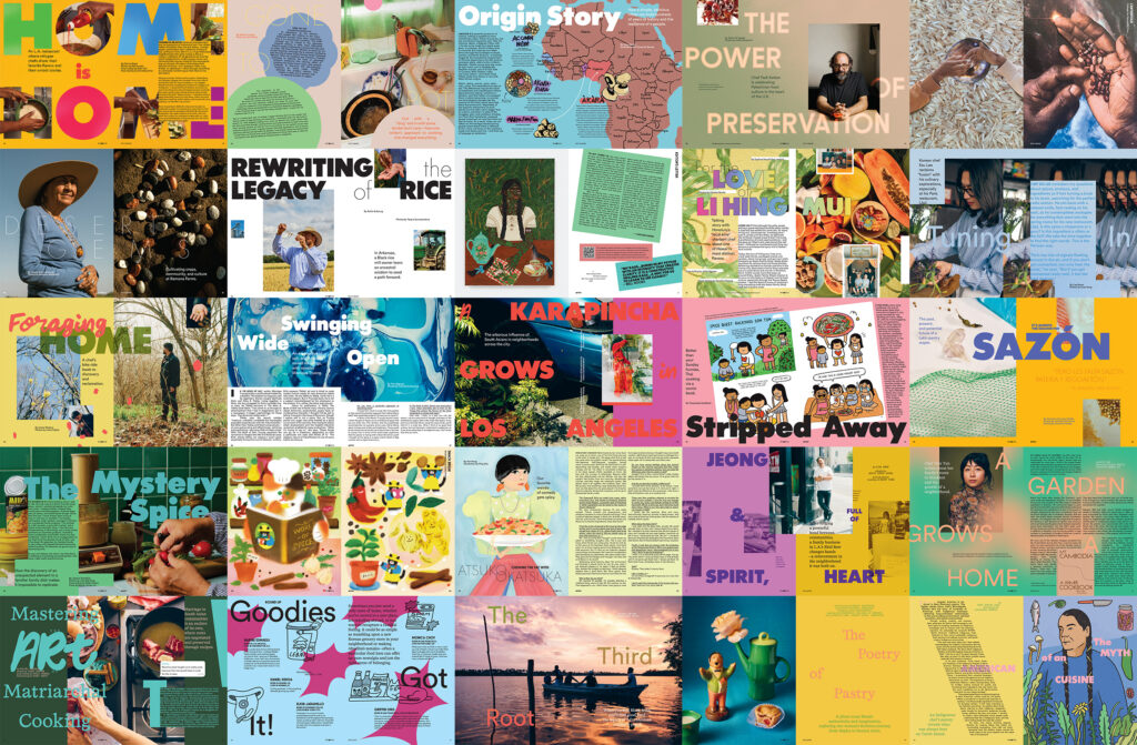 Collage of colorful, different spreads from the magazine